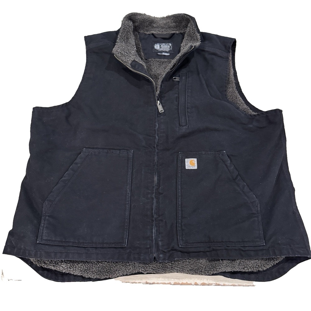 Carhartt Vest Men 2XL XXL Black Canvas Sherpa Lined Workwear Duck Relaxed Jacket - Picture 1 of 9